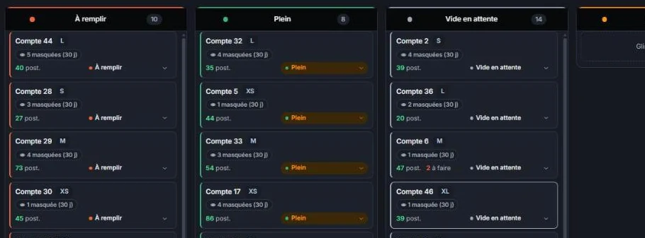 Capture d'Easy Listing : les comptes Vinted rangés en colonnes À remplir, Plein, Vide en attente, Au repos
