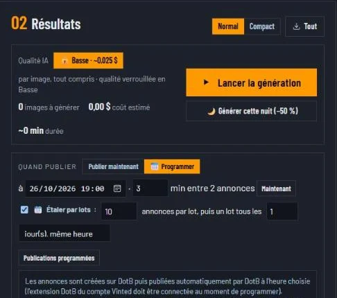Capture du générateur de photos IA : sources, lancement de la génération, génération de nuit à moins 50 %, publication programmée par lots
